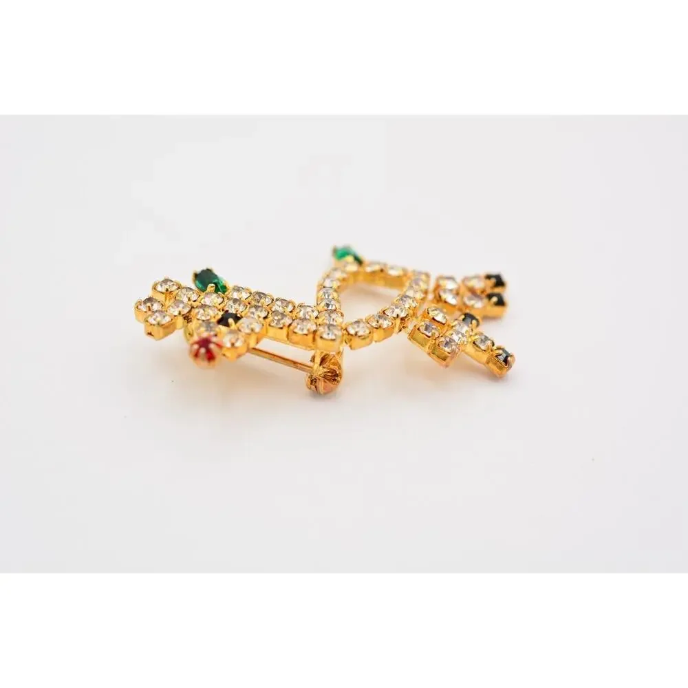 Vintage Crystal Reindeer Pin Brooch Rhinestone Gold Tone Christmas 1980s BinAT